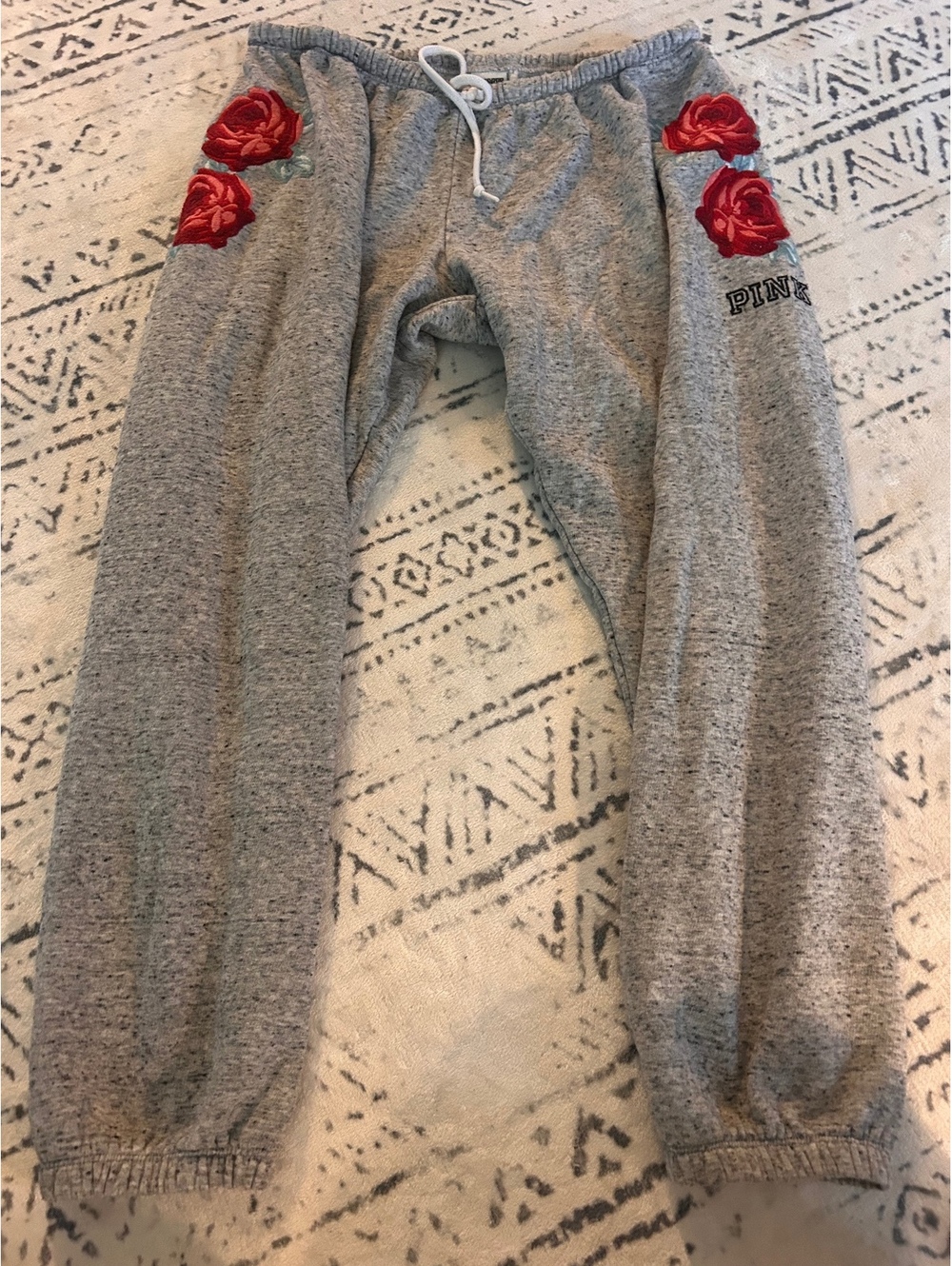 PINK Victoria's Secret Gray Sweatpants with Red Rose Embroidery